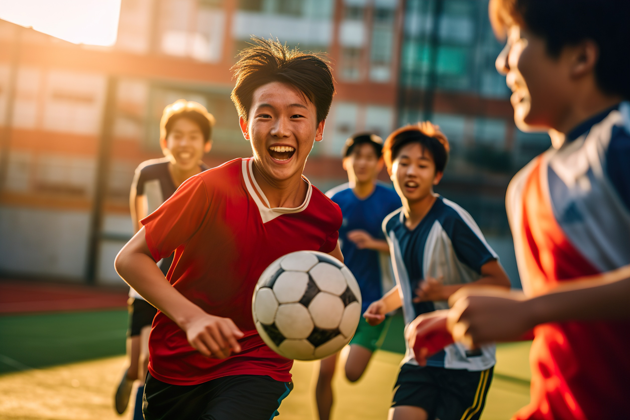 Kids playing soccer.