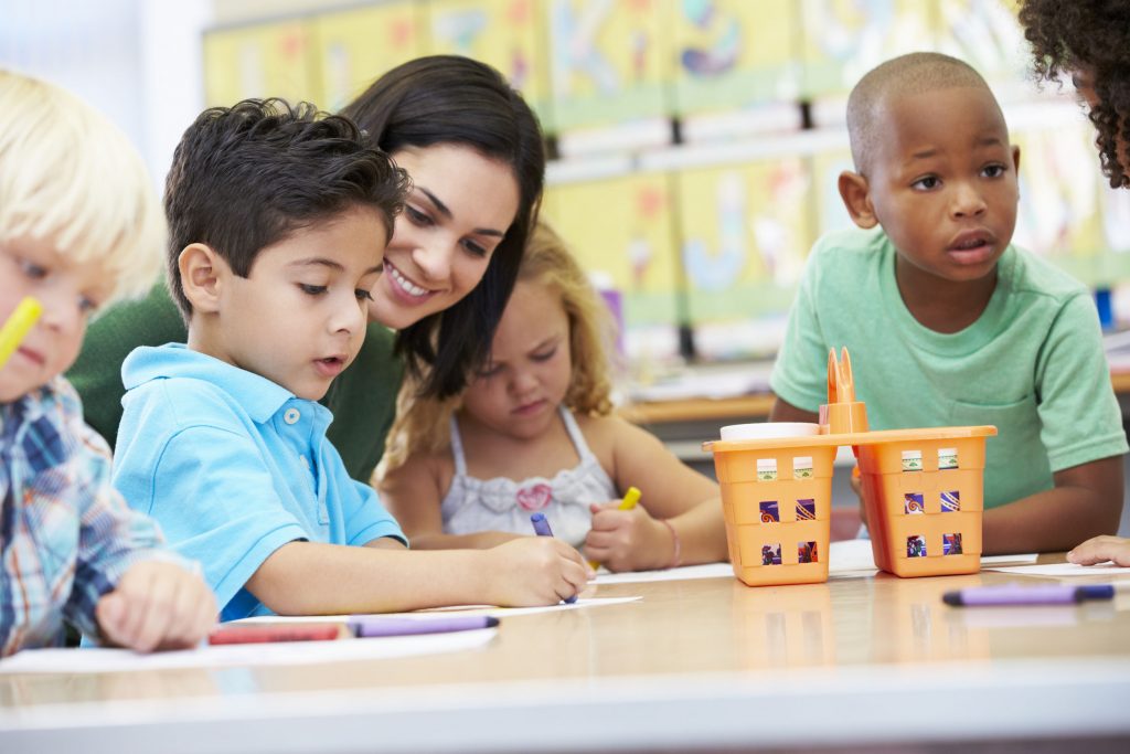 Alt: elementary school kids with a teacher during an after-school program