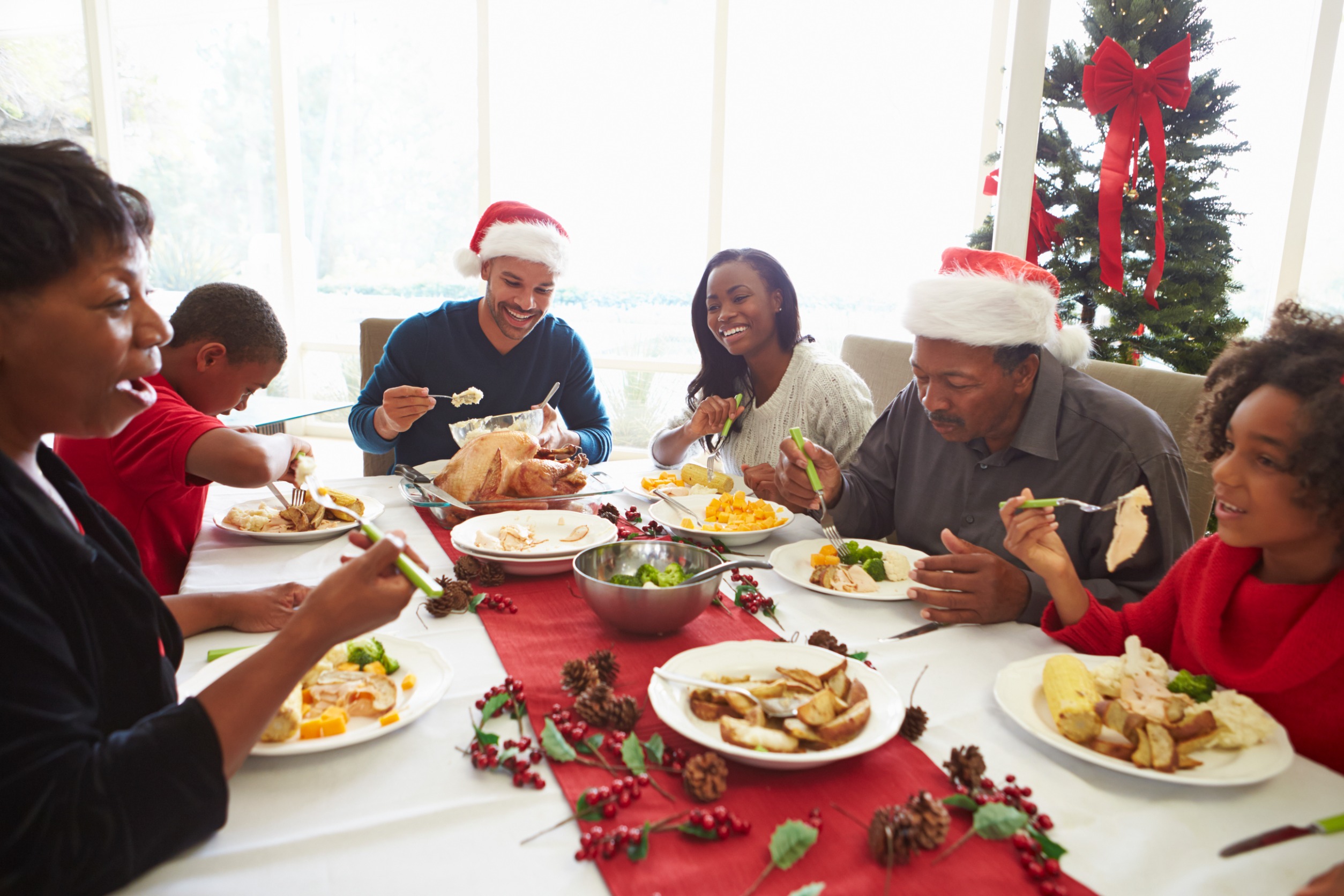 Family enjoying Christmas dinner together.