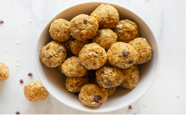 energy bites with peanut butter, oats, chocolate chips, chia seeds, and more